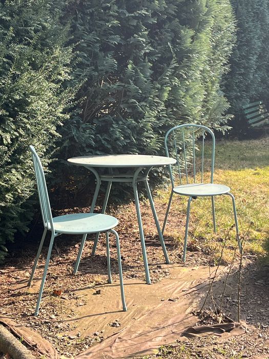 Zestaw ogrodowy metalowy turkusowy stół 2 krzesła
