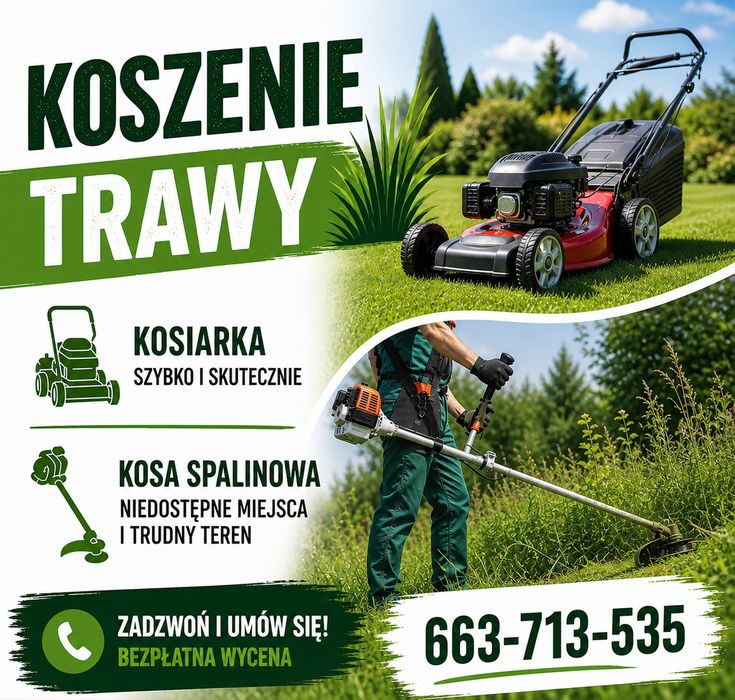 Koszenie trawy kosą i kosiarką spalinową