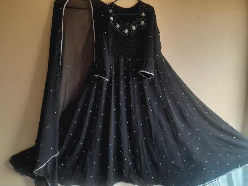 Black Pakistani Indian Bollywood Anarkali Dress Long Maxi for Wedding Party with Chiffon Dupatta