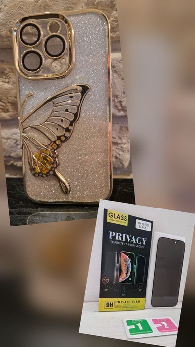 Etui Butterfly do Iphone 16 Pro Złoty + Szkło Privacy Glass 9H