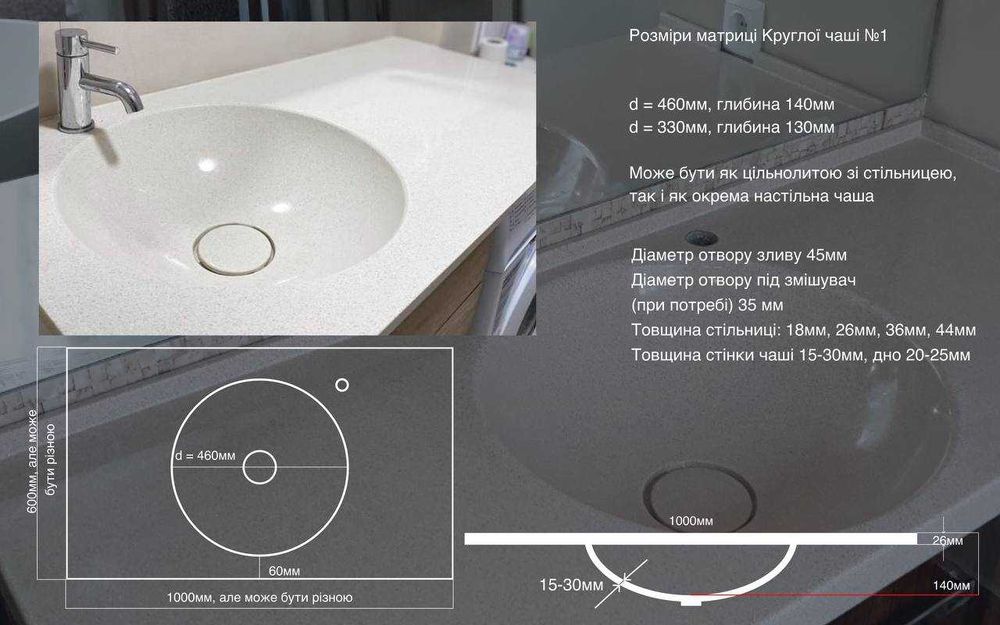 Стільниці з литим умивальником у ванну кімнату, надсилаємо по Україні