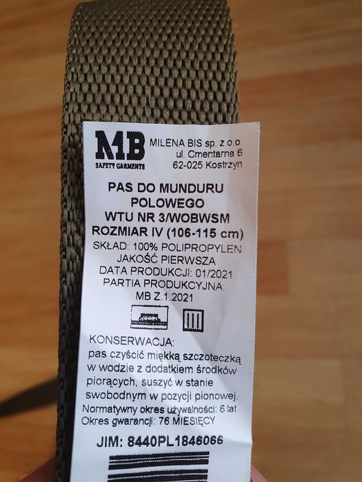 Pas do munduru polowego rozmiar 106-115cm nowy