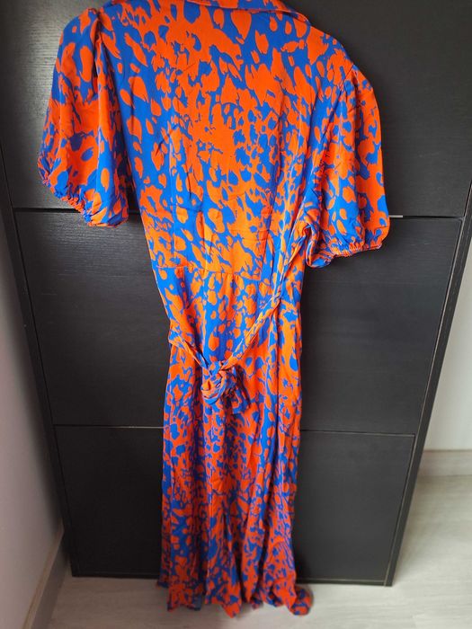 Vestido de  bainha enrolada impressão total manga bufante lado do nó