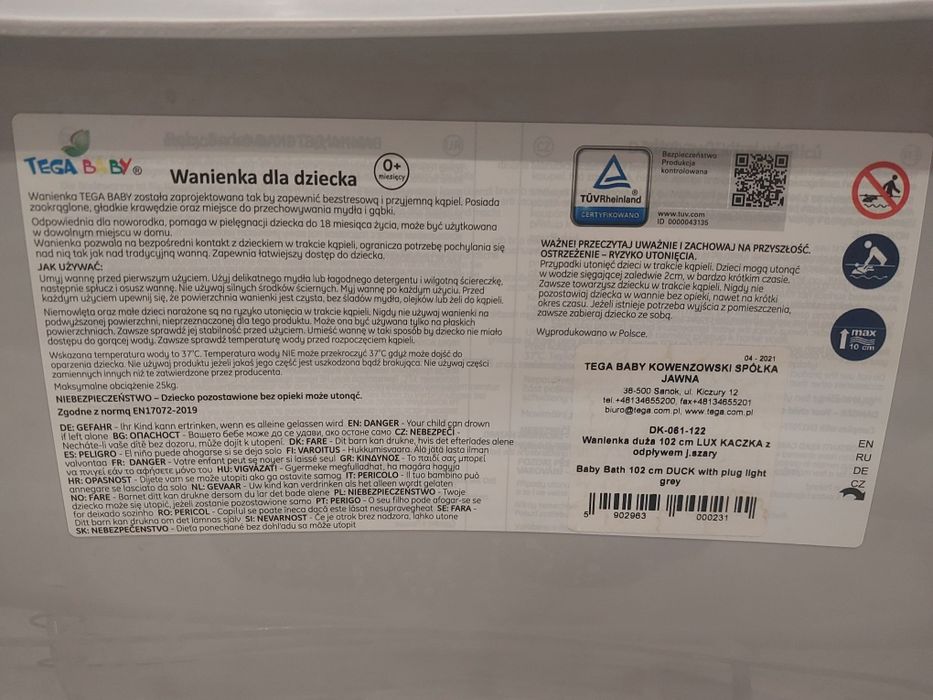 Wanienka ze stojakiem  stelażem Tega baby duża 102 cm