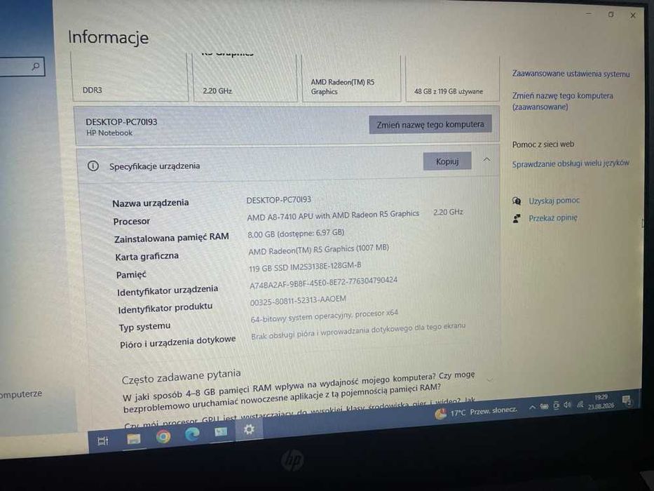 Laptop HP 15-BA0009NT AMD A87410 8GB 128 GB SSD Radeon R5 15.6'' Windows 10