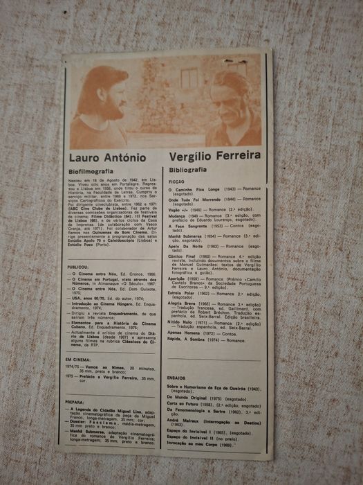 Programa cinema português lauro antonio prefacio a vergilio Ferreira