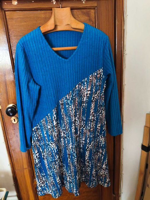 Vestido Médio Casual Azul e Padrão Assimétrico - Tamanho 2XL