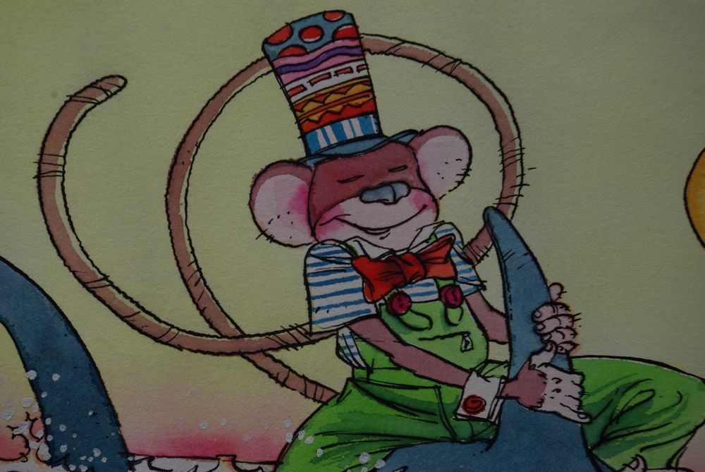 Ilustração infantil. Aguarela e tinta da china. O macaco e o tubarão