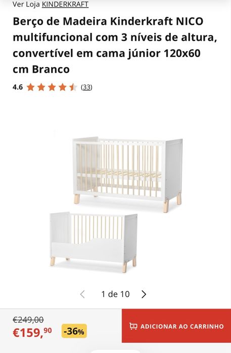 Berço de Madeira Kinderkraft NICO multifuncional com 3 níveis de altura, convertível em cama júnior 120x60
