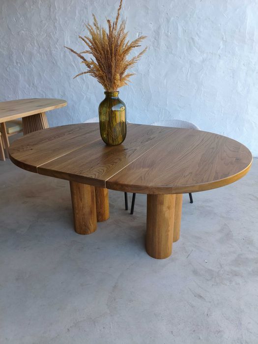Stół toczone nogi dębowy japandi orzech egger masywny rozkładany okrągły 120 cm 130 cm 140 cm