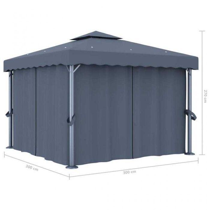 Pérgola com Cortinas e Luzes LED 3x3 m – Antracite