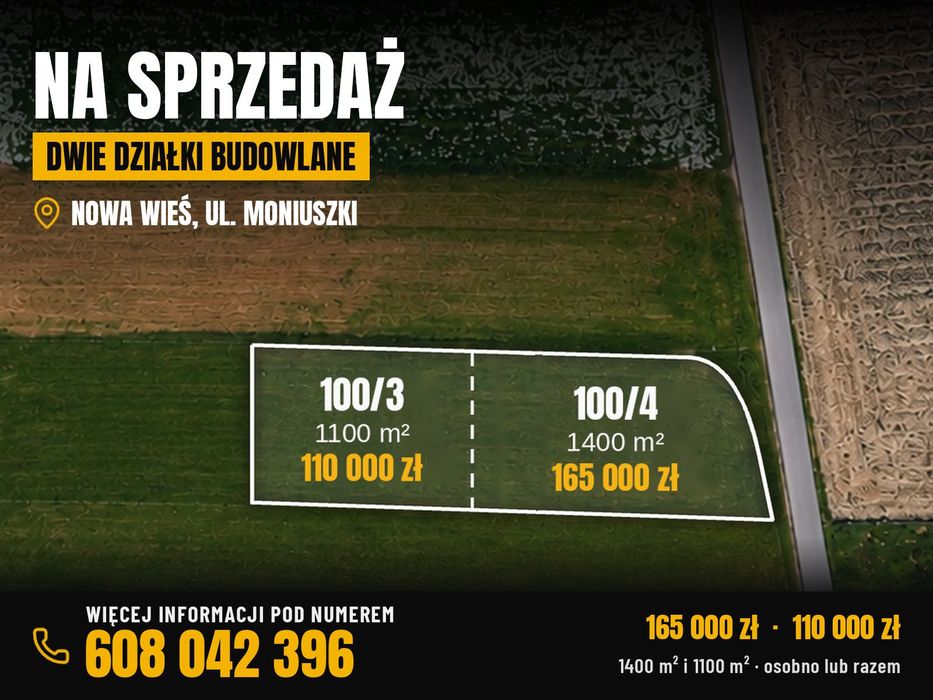 Działki budowlane 1400m2 oraz 1100m2 Nowa Wieś ul.Moniuszki (obok Kęty)