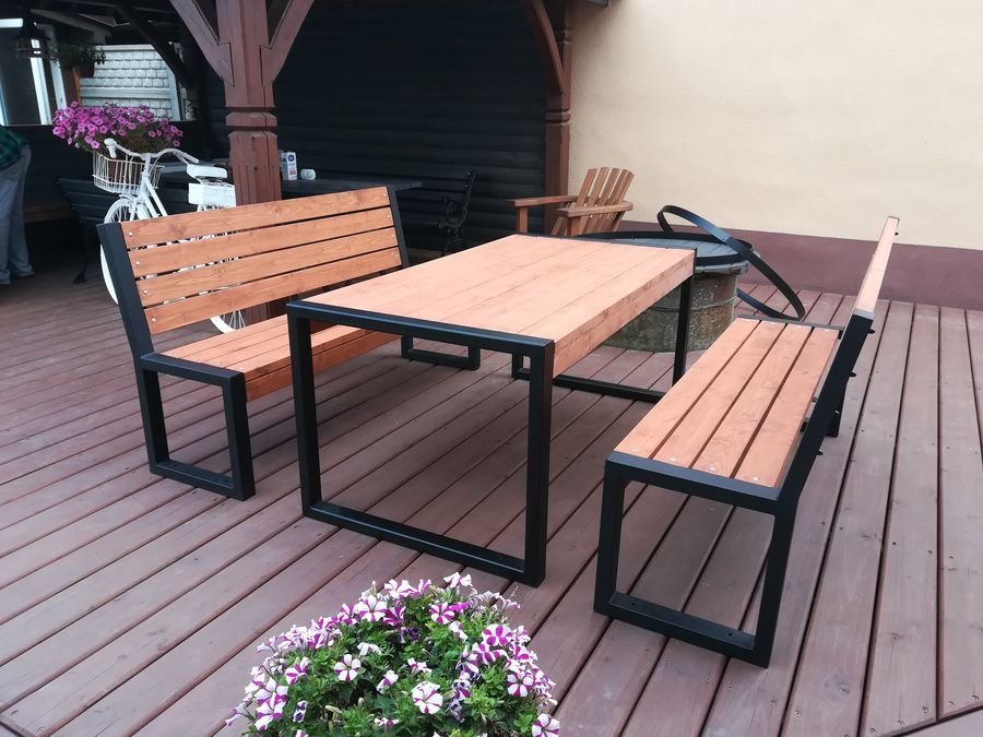 Meble ogrodowe nowoczesne LOFT stół 2 ławki drewniane metalowe profil