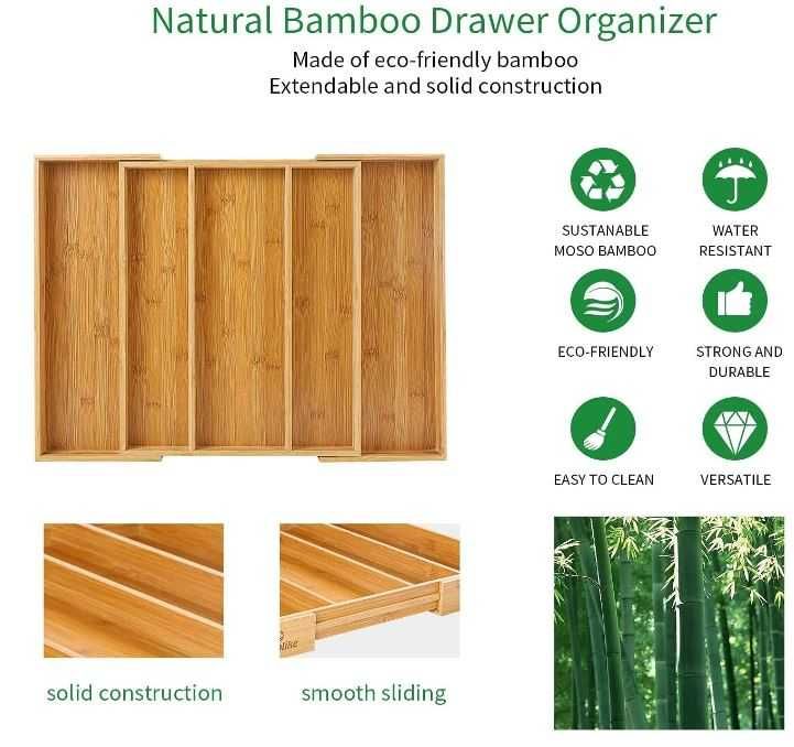 Bambusowy organizer na sztućce z 5 przegrodami regulowana wielkość