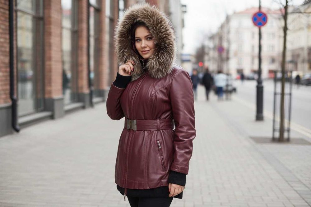Шкіряна куртка жіноча Albertini Collezione з хутром бордова 50-52 (XL)