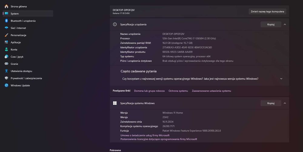 Laptop MSI KATANA 17 B12V i7 oraz RTX4050 z systemem Windows 11 Home
