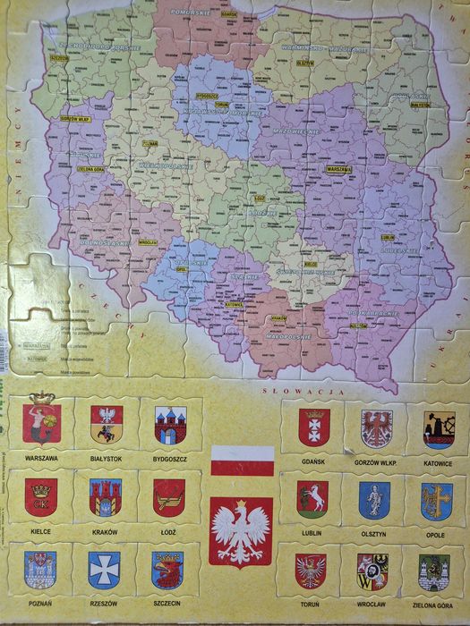 Puzzle mapa Polski z herbami miast