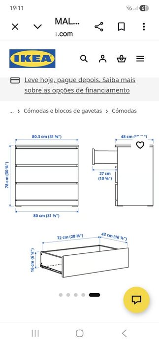 Cómoda IKEA malm de três gavetas castanha