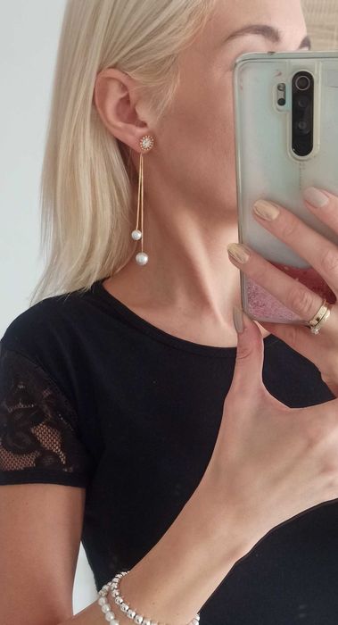 Kolczyki perełki na łańcuszku z cyrkonią kolor złoty