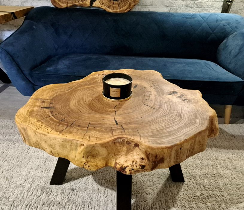 Stolik kawowy 79x65cm PIĘKNY OKAZ LIVE EDGE plaster drewna loft