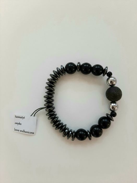 Czarna bransoletka ręcznie robiona handmade onyks hematyt lawa wulkani