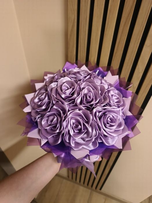 Flowerbox wieczny bukiet róż z wstążki handmade