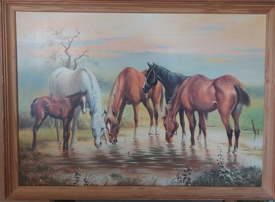 Obraz w drewnianej ramie Konie u wodopoju, Adam Lis