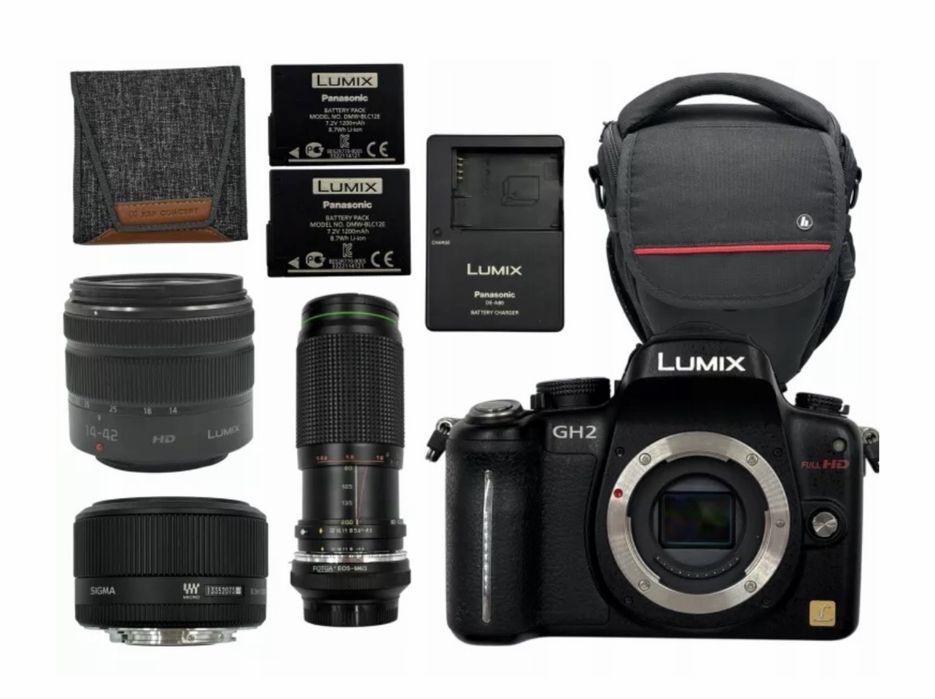 Aparat cyfrowy bezlusterkowy Panasonic Lumix DMC-GH2 + 3 obiektywy