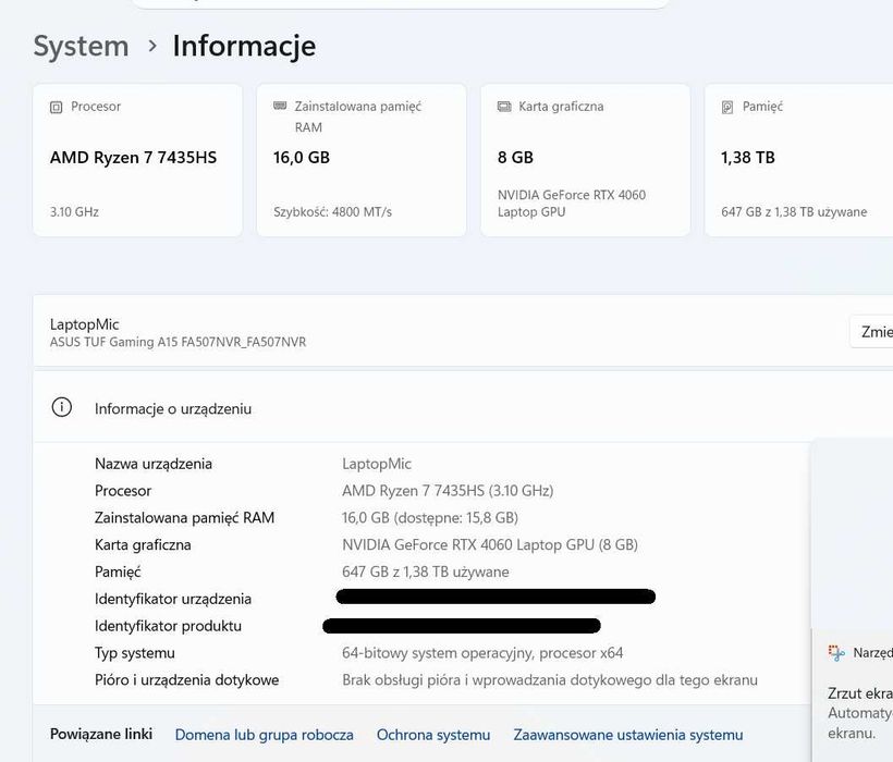 Laptop gamingowy ASUS TUF R7 7435HS 16GB RAM 1 TB + 512GB Dysk SSD RTX4060