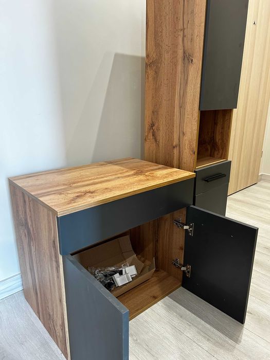 Meble łazienkowe 90cm NOWE - słupek, szafka, lustro - loft Wotan szary