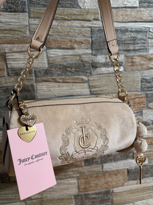 Młodzieżowa torebka tuba welurowa z weluru Juicy Couture beżowa, torebka na ramię schoulder bag