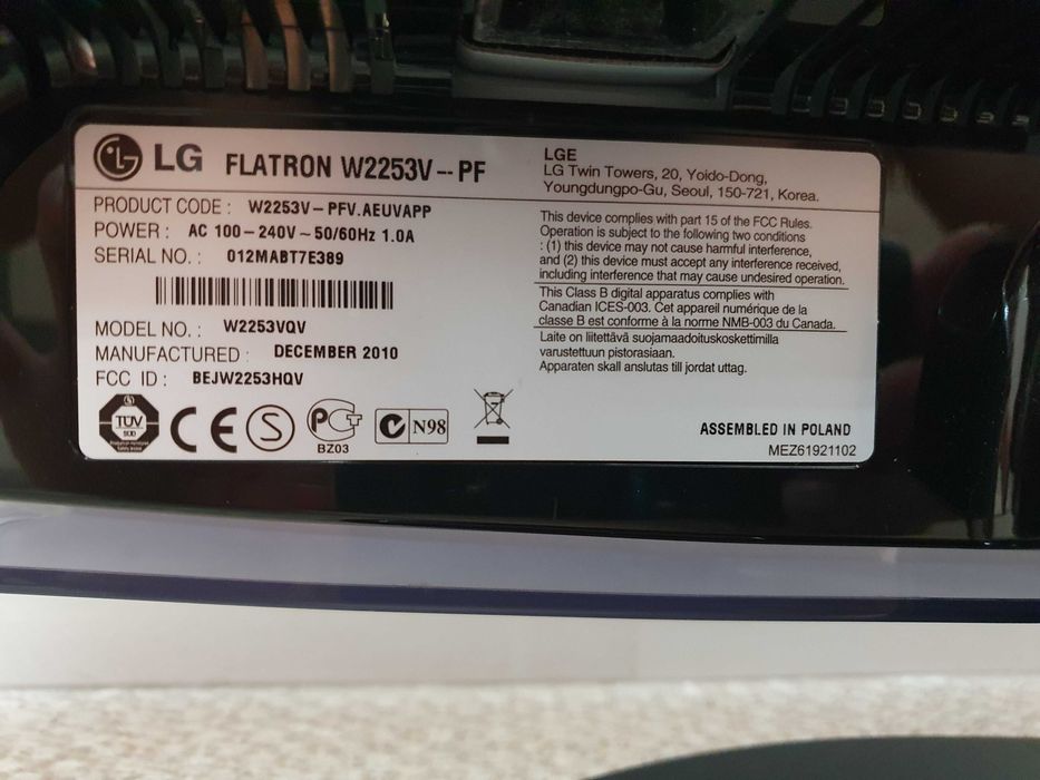 Монітор LG W2253V, діагональ 22, чорний