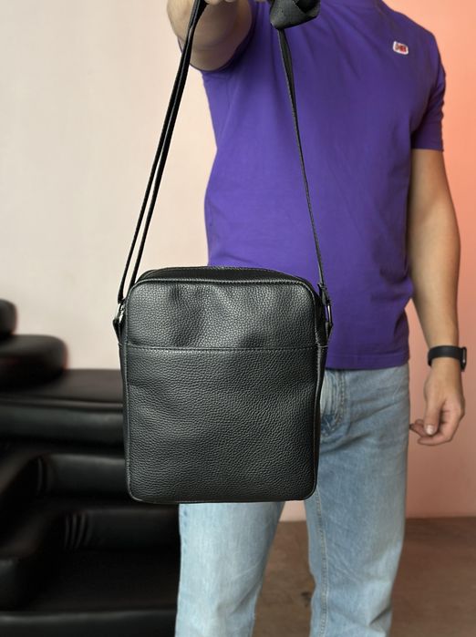 ТОП. Черная кожаная барсетка через плечо, мужская сумка-мессенджер