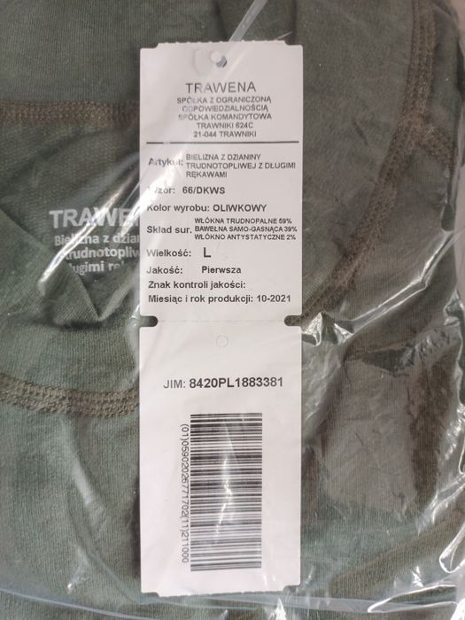 Bielizna z dzianiny trudnotopliwej WS, L i XL