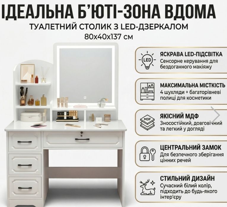 Моделі туалетних столиків з дзеркалом  для макіяжу