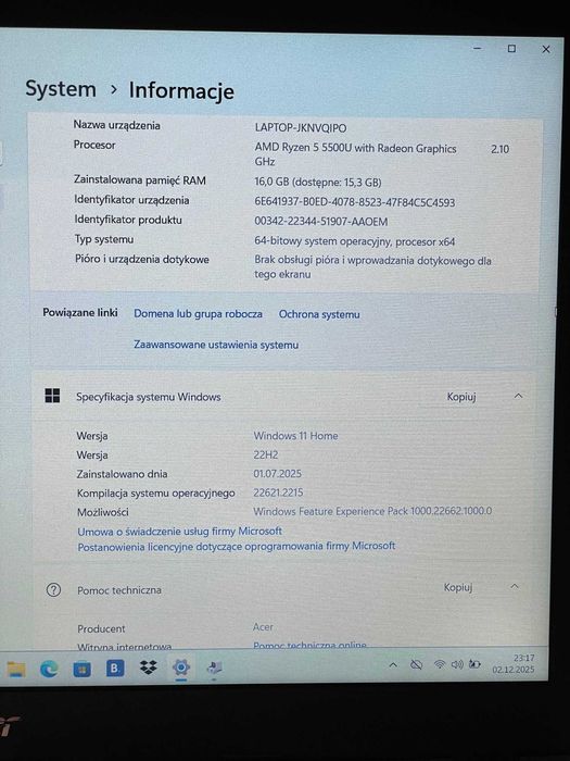 Laptop Acer Aspire 3 15.6" IPS R5-5500U 16GB  512GB SSD Win11 Home
