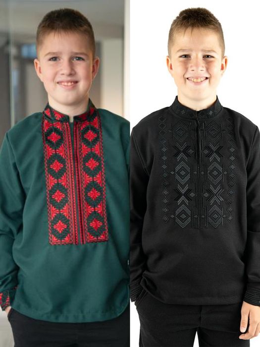 110-164 Вишиванка лляна для хлопчика смарагдова чорна 122 134 146 152