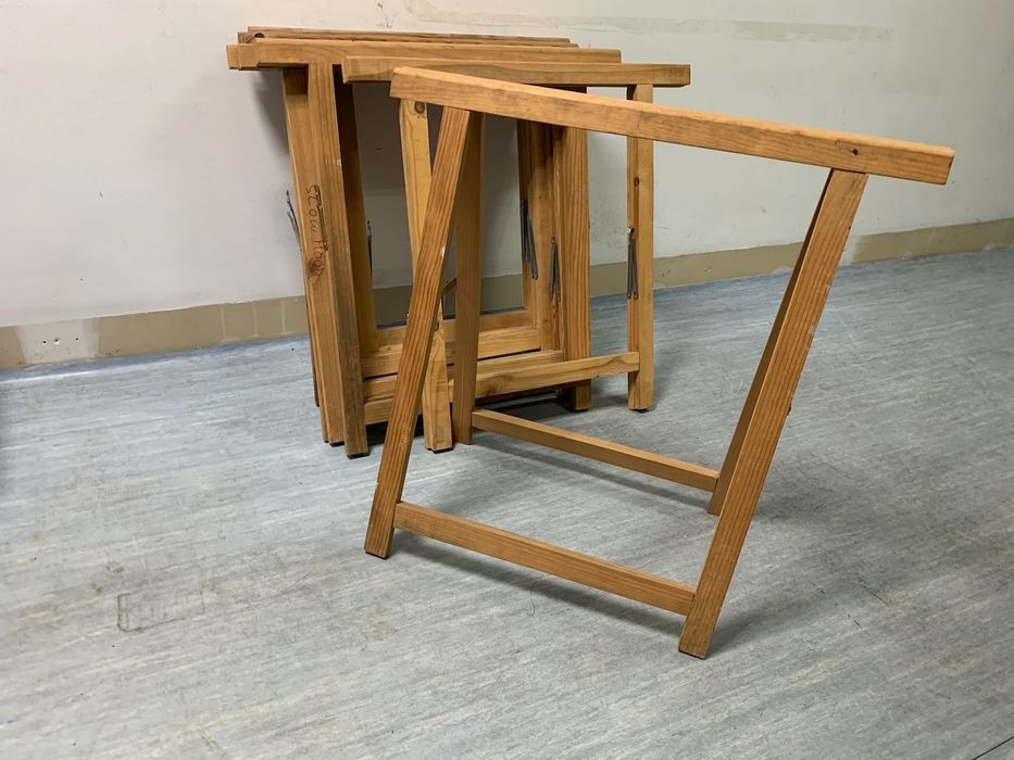 Cavaletes de madeira, pinho maciço - A: 74,5; C: 73cm; L: 36 | 5pc.
