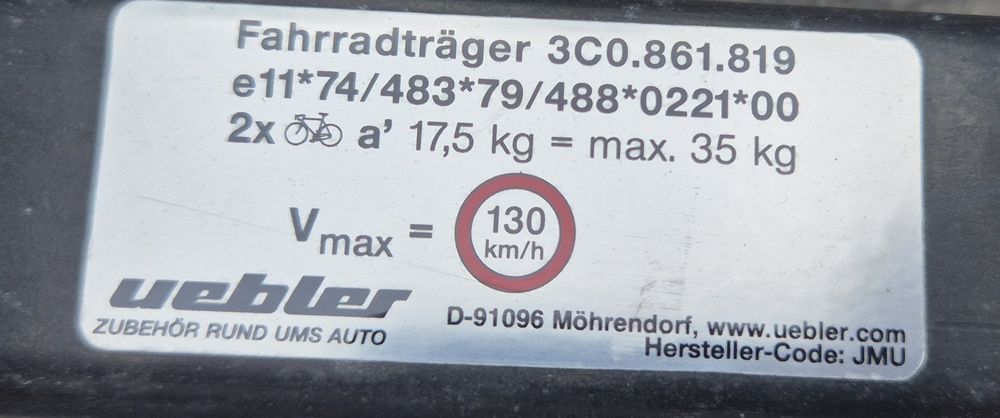 Bagażnik rowerowy na hak Uebler 3⁠C⁠0⁠86⁠1⁠8⁠1⁠9 2-rowerowy aluminiowy