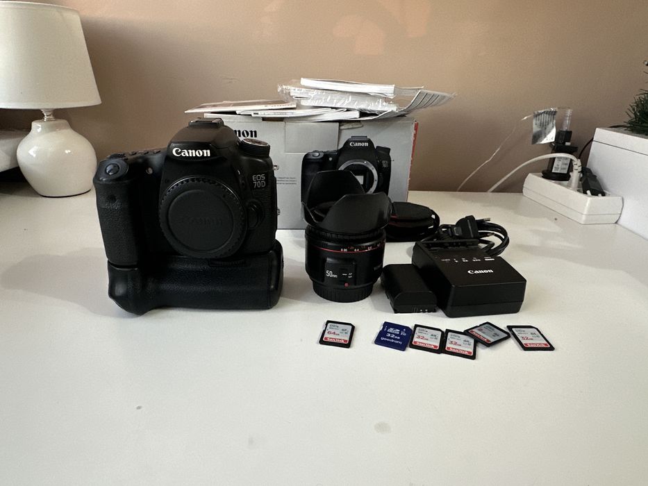 Aparat Canon EOS 70D + obiektyw Yongnuo 50mm f/1,8 II / Grip / Karty