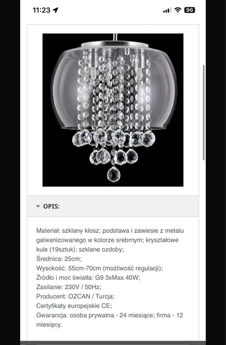 Dwa żyrandole lampy szkło kryształki glamour Ozcan