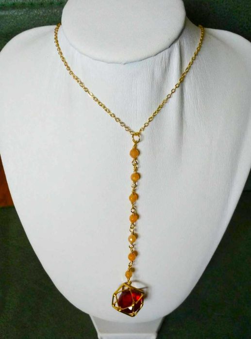 Colar Aço Tripartido c/ Contas Rosa e Pedra Vermelha NOVO