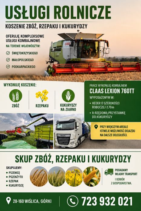 Usługi koszenia,zbioru zbóż,rzepaku,kukurydzy,usługi rolnicze