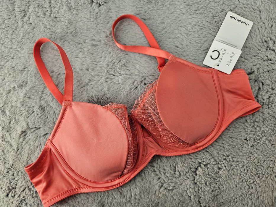 Biustonosz półusztywniany 75D Chantelle Pulp sexi z fiszbiną koronka czerwona pomarańcza