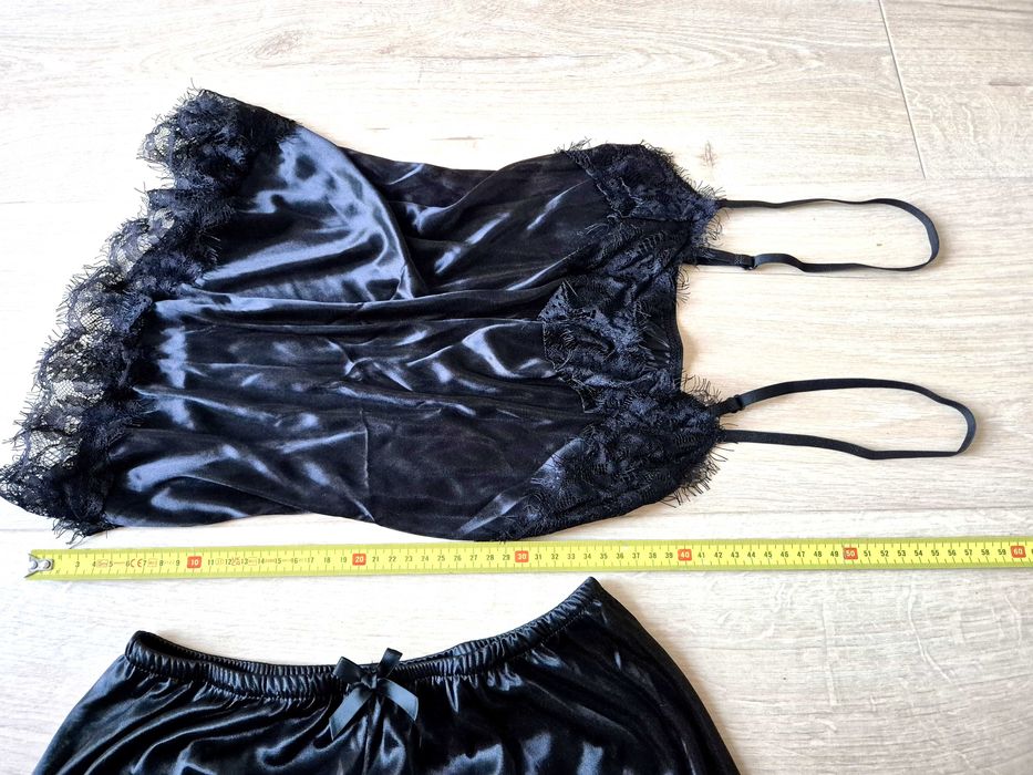 Nowa satynowa Piżama komplet zestaw Czarna S/M damska tanio