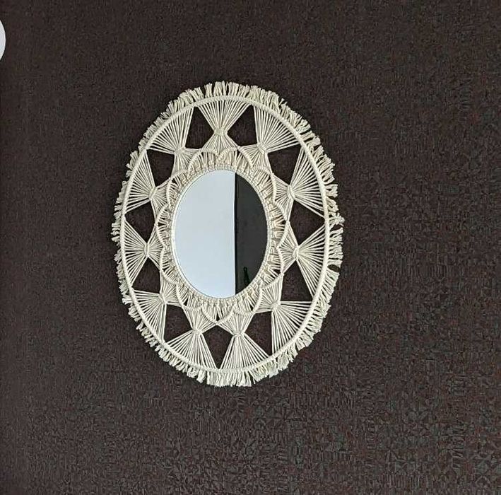 Lustro okrągłe z plecionką boho makrama 65 cm wiszące dekoracja