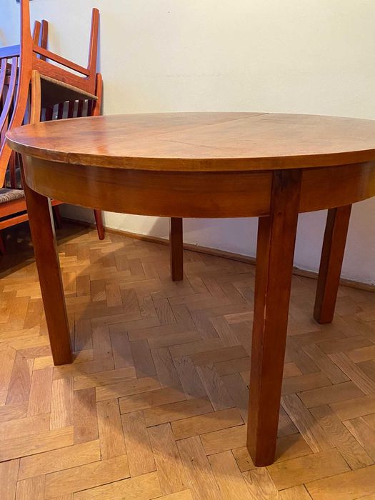 Stół okrągły, rozkładany, drewniany, PRL