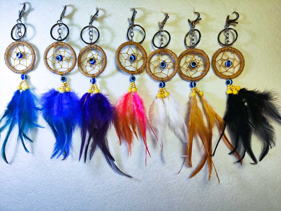 Chaveiro apanhador de sonhos feito à mão pena olho Grego bolsa boho amuleto