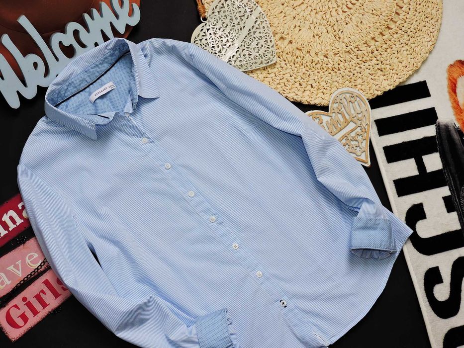 Reserved koszula błękit mankiet groszki 40