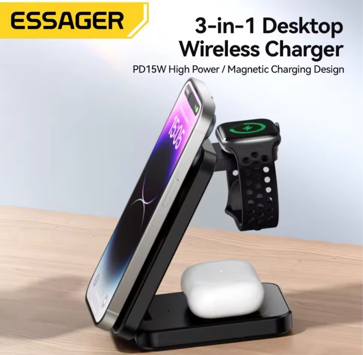 Безпровідна зарядка ESSAGER 3in1 15W Wireless Charger + кабель + блок